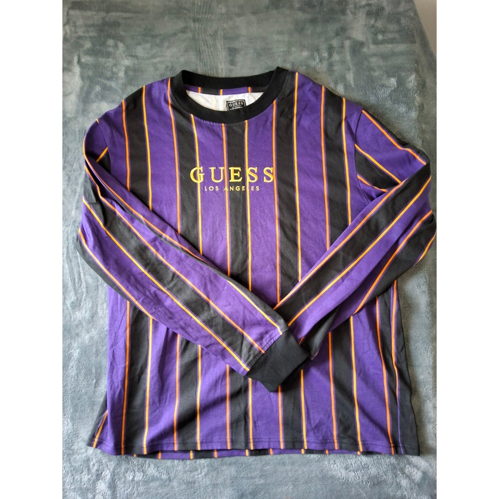 Guess Los Angeles‎ Mens Large Purple Black Striped Long Sleeve T-Shirt Logo L